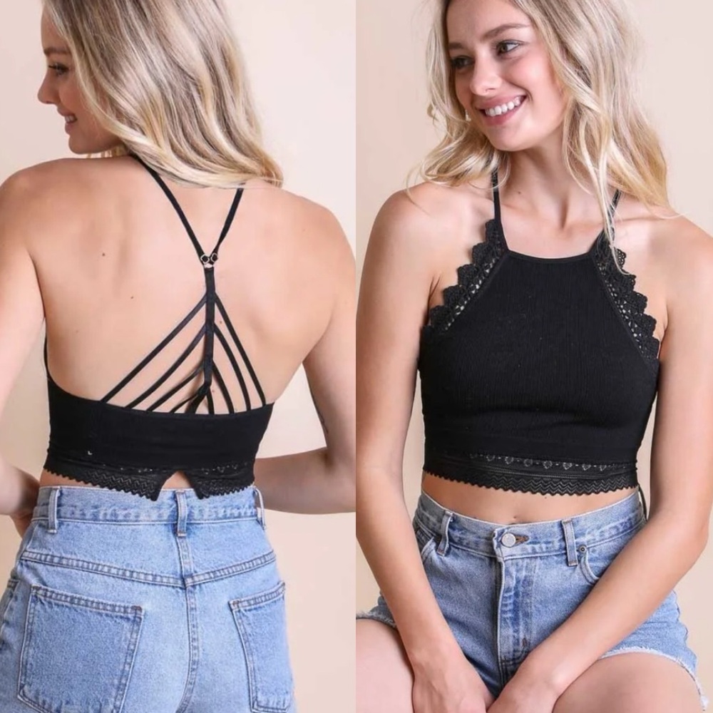 New with tags- Black high neck crochet lace bralette crop top